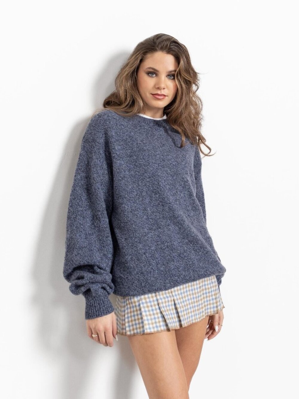BLUE WOOL SWEATER Vintage Knit Pullover Jumper 90's Oversize Heather / Large
